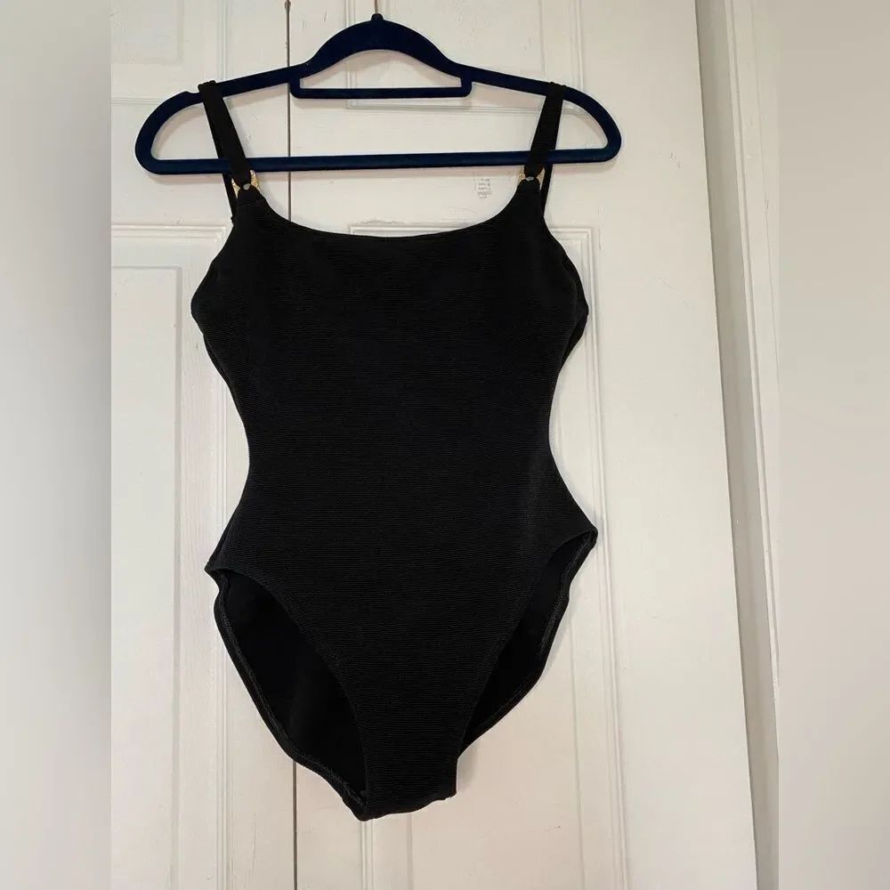 1990/80s Baja Blue Black Swimsuit with Gold Details